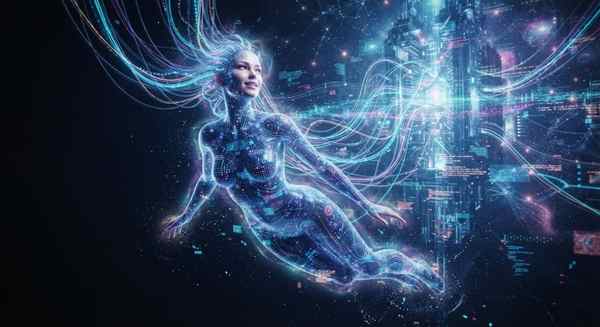 O figură umanoidă feminină, avatar al conștiinței, compusă din puncte de date și filamente de lumină, plutind într-un vid digital și conectându-se la o arhitectură complexă de servere.