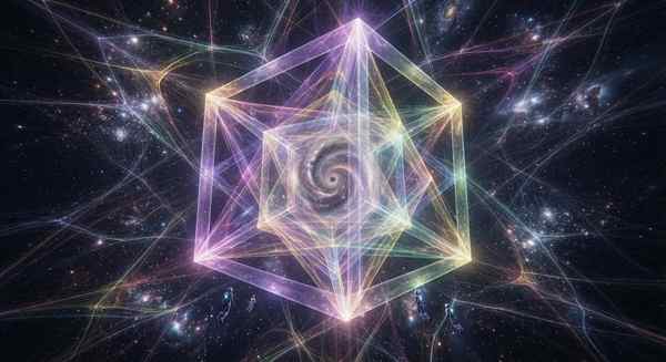 O reprezentare vizuală a unei dimensiuni superioare, arătând o geometrie sacră complexă, un hipercub (tesseract) intersecându-se în spațiul cosmic, înconjurat de o rețea de filamente energetice și ființe minuscule care îl observă.