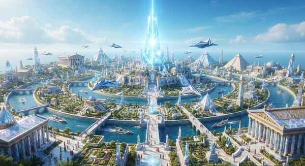 Reconstituire Edgar Cayce: Vedere aeriană detaliată a orașului circular Poseidia din Atlantida în Epoca de Aur.