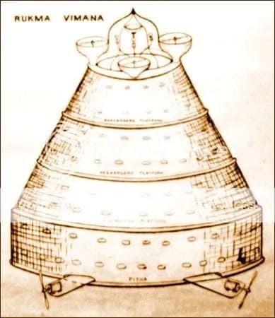 O altă reprezentare clasică a modelului Rukma Vimana, concentrându-se pe corpul conic alcătuit din inele concentrice sau platforme suprapuse, menite să susțină greutatea și să găzduiască dispozitivele optice și sistemele de propulsie.