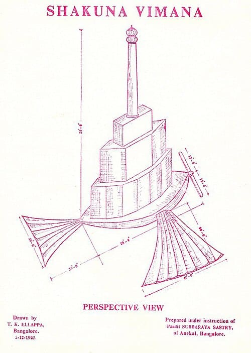 Ilustrația realizată de T.K. Ellappa în decembrie 1923 înfățișează o Shakuna Vimana, un aparat de zbor cu un design neobișnuit, asemănător unei structuri pe mai multe niveluri, dotat cu aripi mari evazate/pliabile și o coloană sau catarg central vertical.