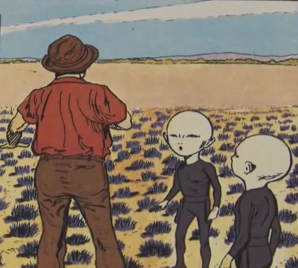 O ilustrație color, în stil bandă desenată, înfățișându-l pe fermierul Maurice Massé, văzut din spate, confruntându-se cu două entități mici și palide, îmbrăcate în costume negre, pe câmpul său de lavandă.