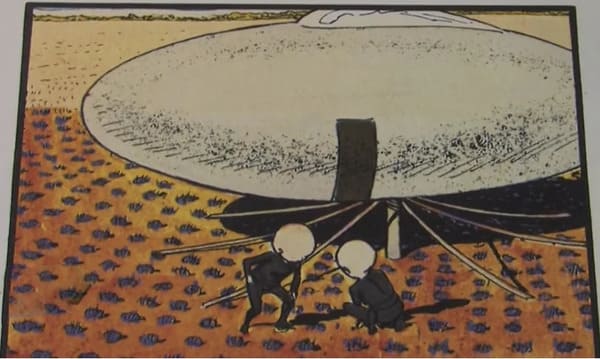 O ilustrație color, dintr-un unghi mai larg, arătând un obiect sferic mare, metalic, sprijinit pe picioare de aterizare, în timp ce două entități mici, îmbrăcate în negru, se apleacă spre sol lângă el.