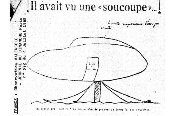 O fotocopie alb-negru a unui articol de ziar francez din 1965, care conține un desen simplu, schițat, al obiectului sferic cu picioare de aterizare și pivot central, desenat chiar de Maurice Massé.